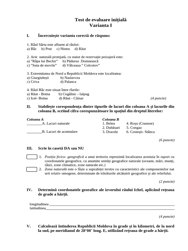 Test de Evaluare Inițială Clasa 9 | PDF