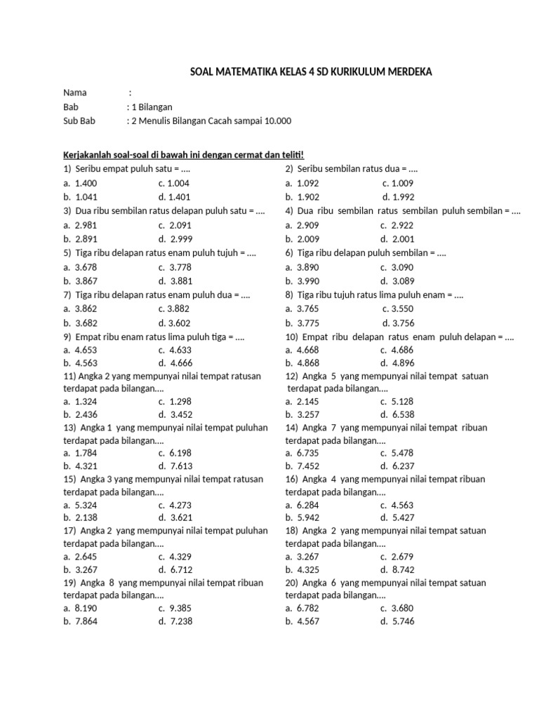 Soal Matematika Kelas 4 SD Kurikulum Merdeka | PDF