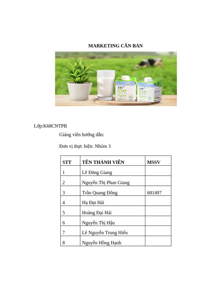 Tiểu luận Marketing căn bản Chính sách Marketing của TH True Milk | PDF