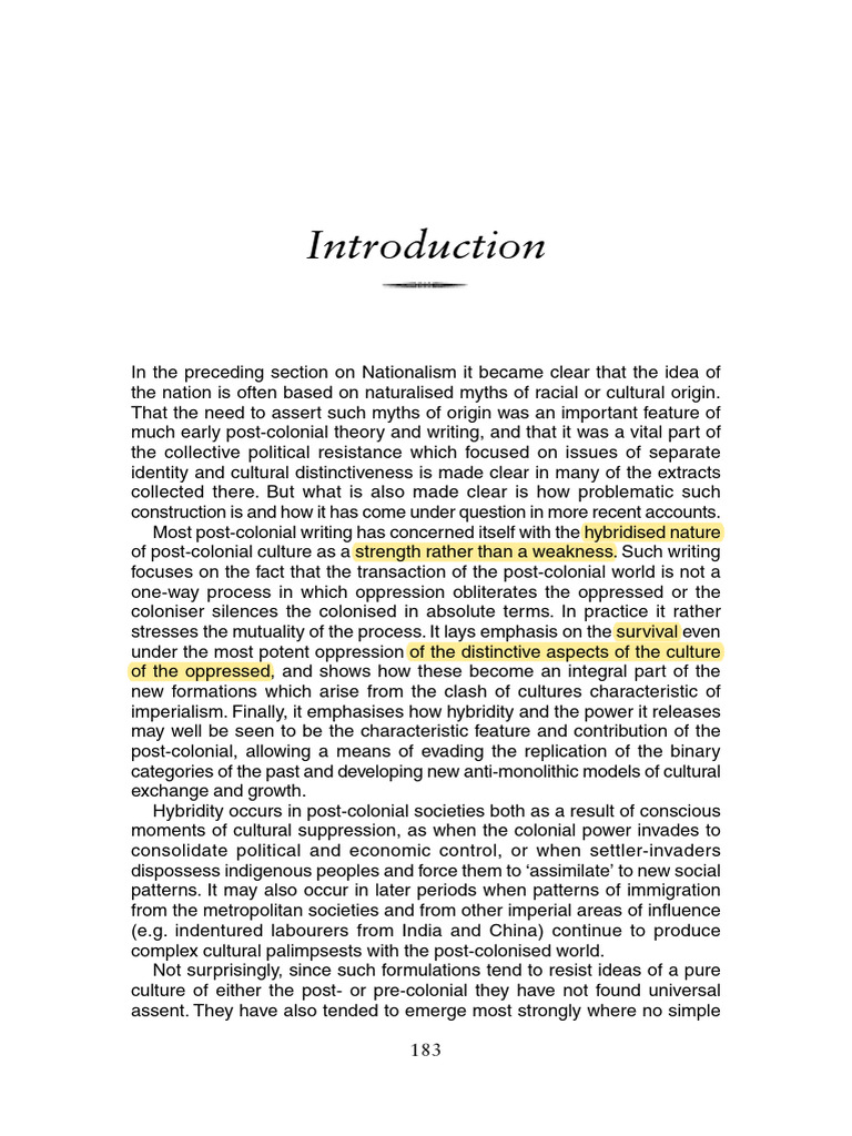 ASHCROFT, Et Al. Introduction Hybridity, The Post-Colonial Studies ...