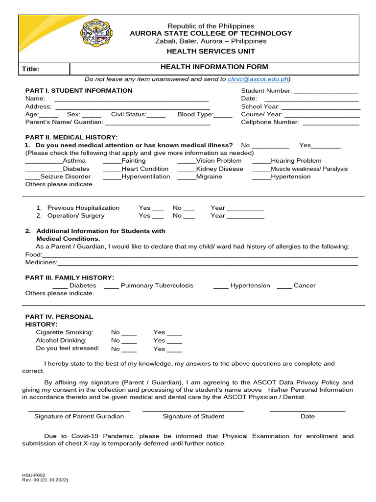 Hsu f002 Health Information Form For Student | PDF