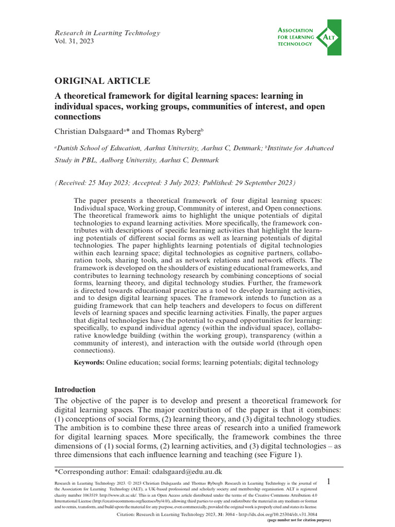 A Theoretical Framework For Digital Learning Spaces Learning In Pdf