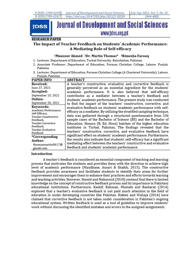 The Impact of Teacher Feedback On Students Academic Performance A ...