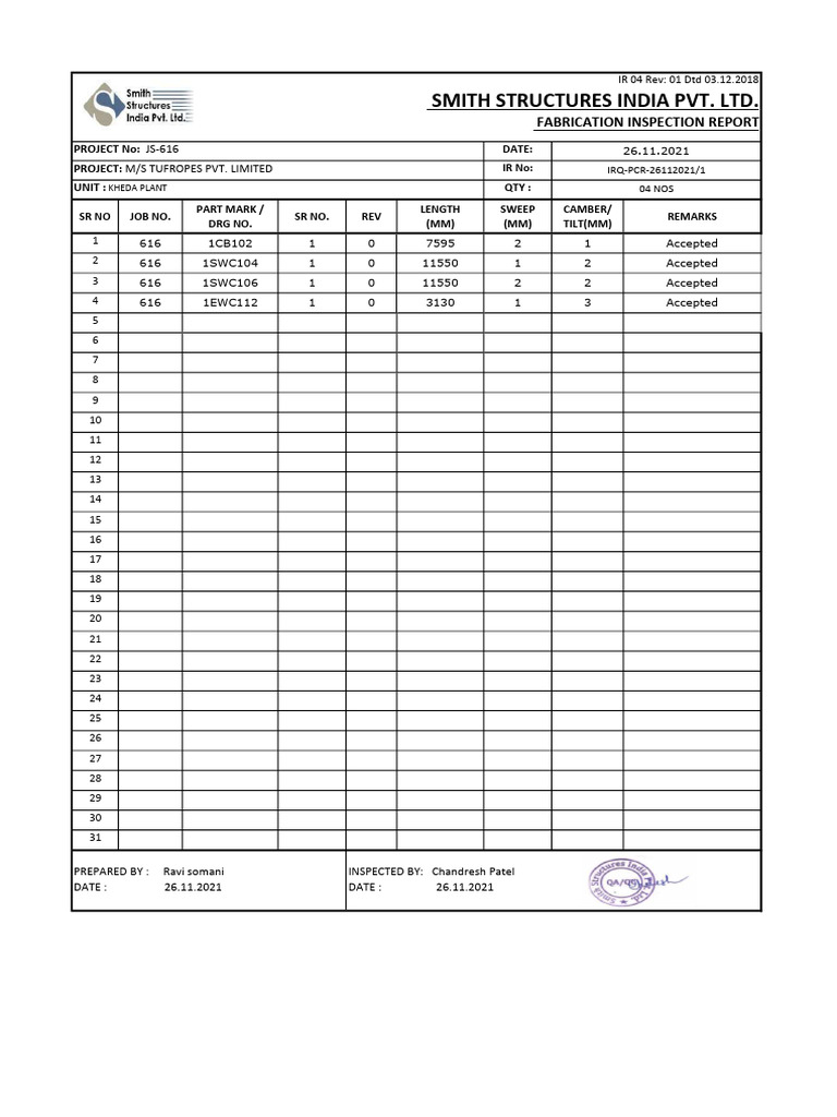 JS-616 6 in Process Fabrication Inspection Report | PDF