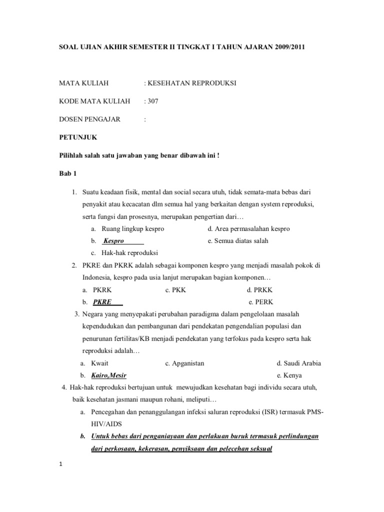 Soal Soal Kespro Sr Skolastika Fse Ok