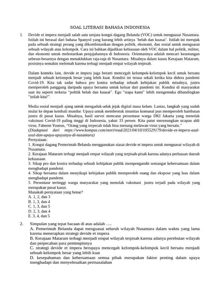 Soal Literasi Bahasa Indonesia Pdf