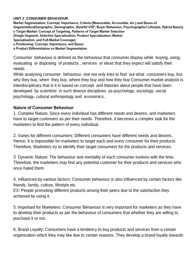 Unit 2 Marketing - Notes On Consumer Behaviour | PDF