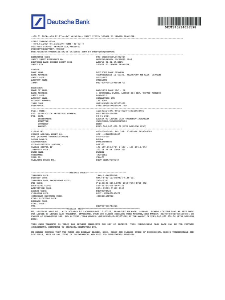 DEUT - DEUTSCHE BANK - MT103 - 5B-1 COMPLETE DOCUMENTATION Without ...