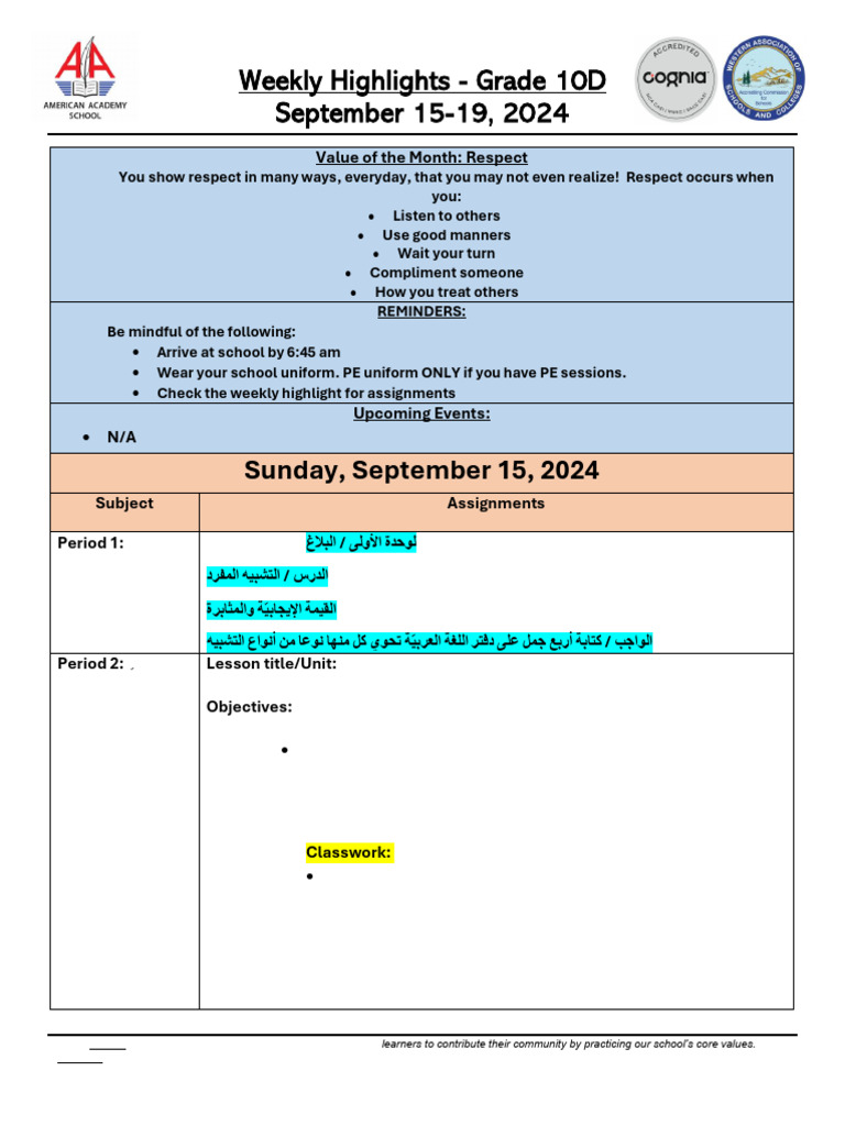 Grade 10D-Weekly Highlights - Sep.15 - Sep.19 | PDF
