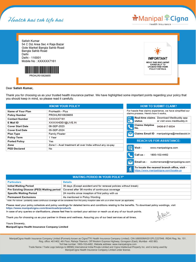 ProHealth - Plus Policy Details for Satish | PDF | Insurance | Hospital