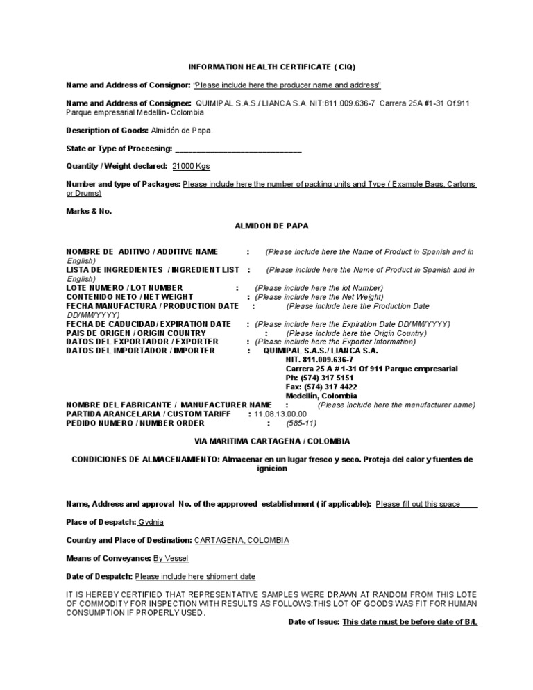 Health Certificate for Food Export | PDF