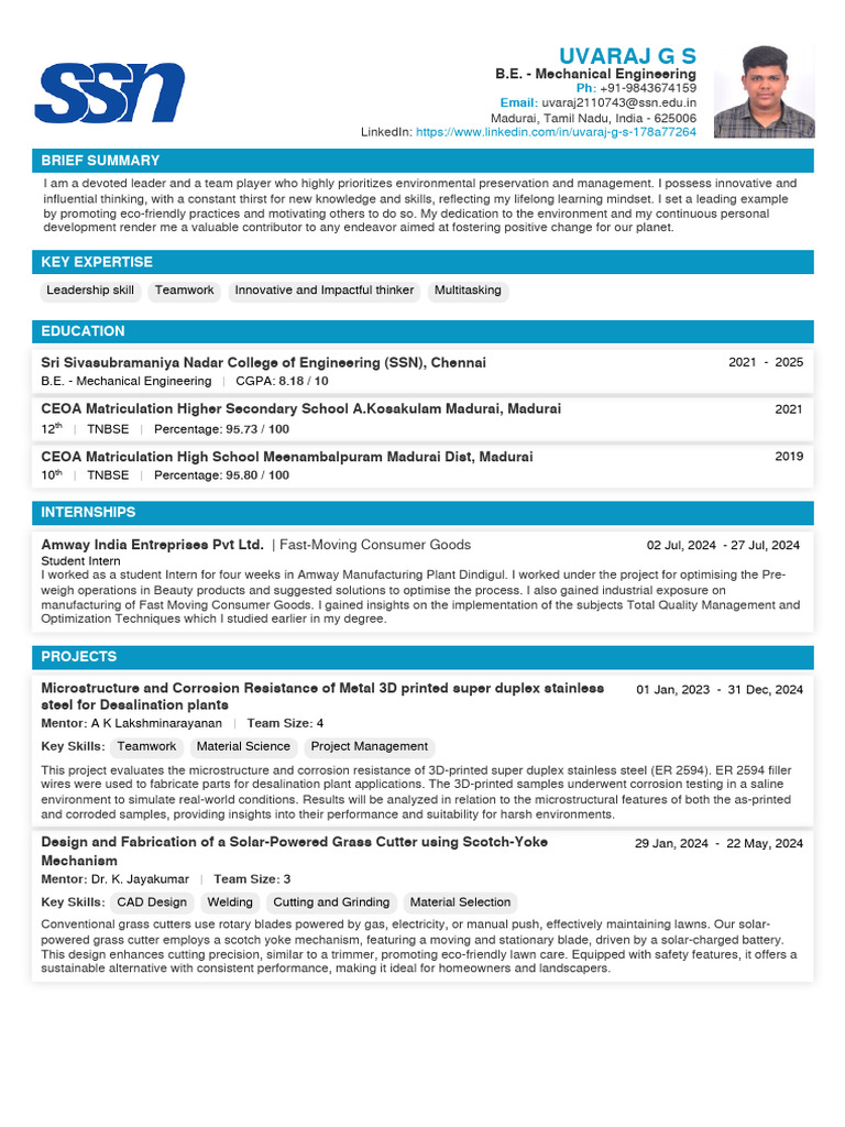 Uvaraj+G+S+116+Resume+2024 | PDF