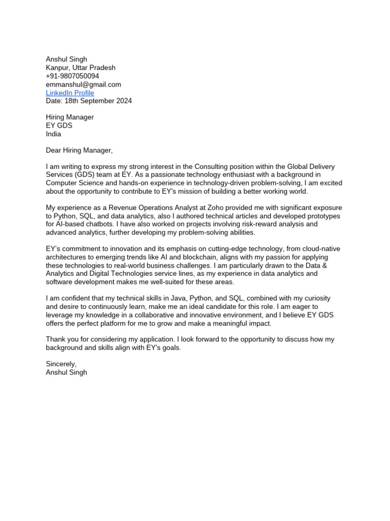 Cover Letter For EY | PDF