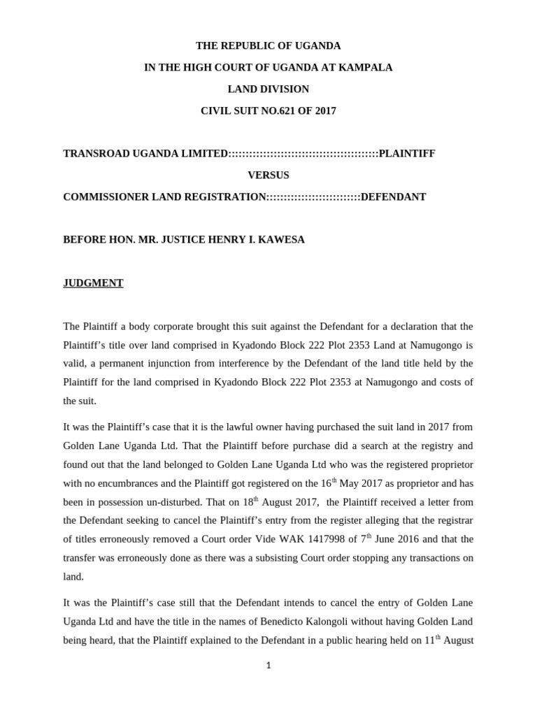 Uganda High Court Land Dispute Judgment | PDF | Lawsuit | Burden Of ...