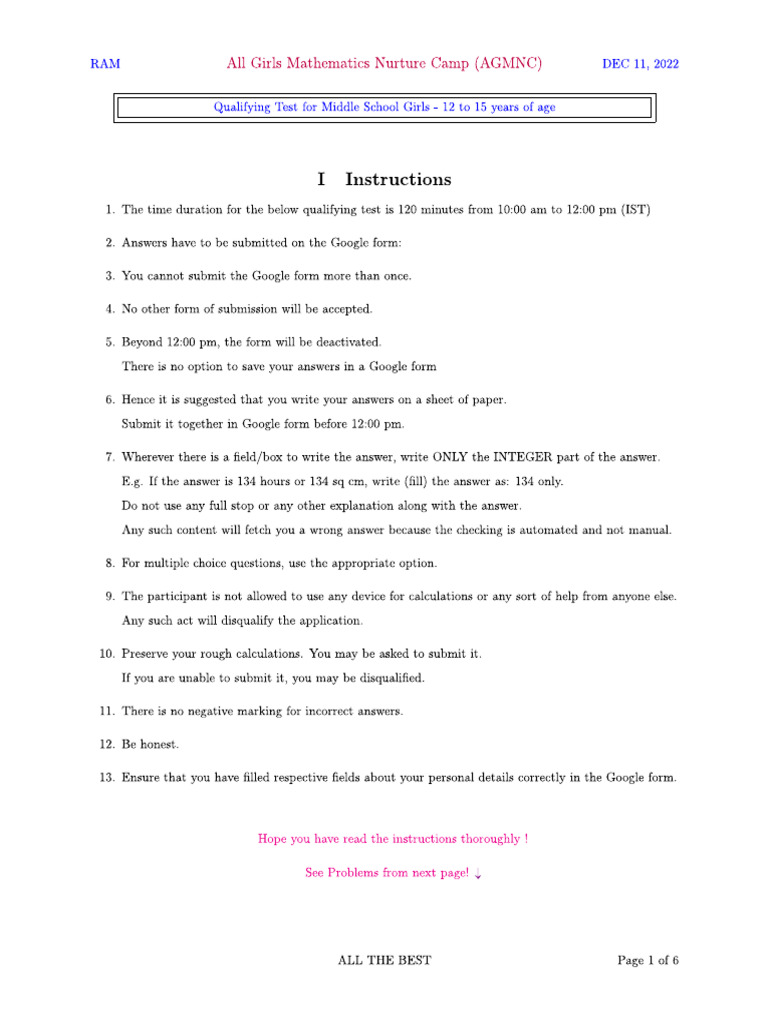AG MNC 2022 Selection Test Paper | PDF