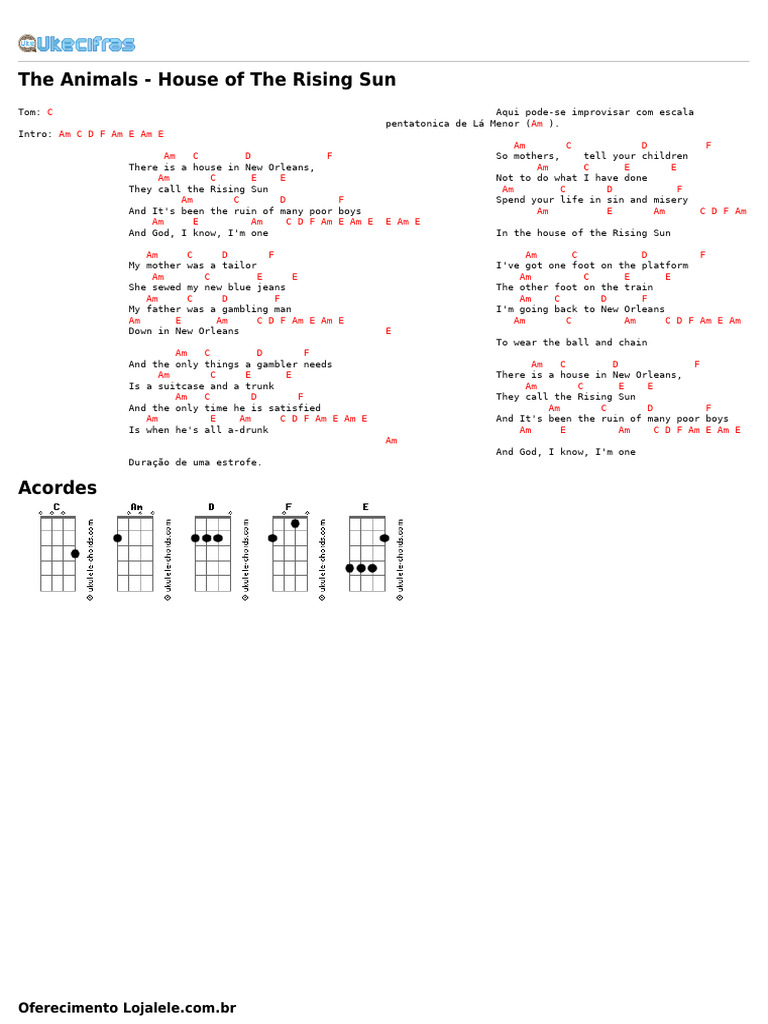 The Animals - House of The Rising Sun (Uke Cifras) | PDF