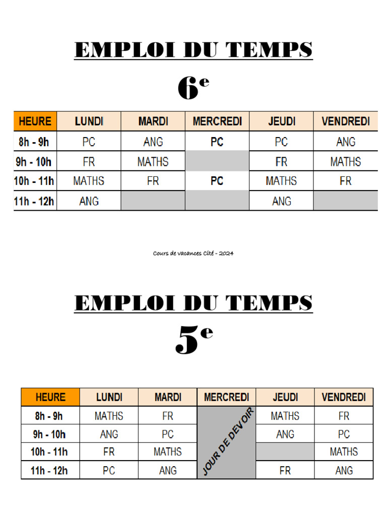 Les Emplois Du Temps Classes | PDF