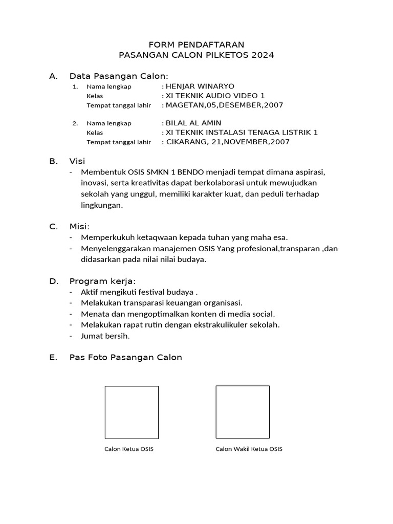 Form pendaftaran paslon pilketos pdf