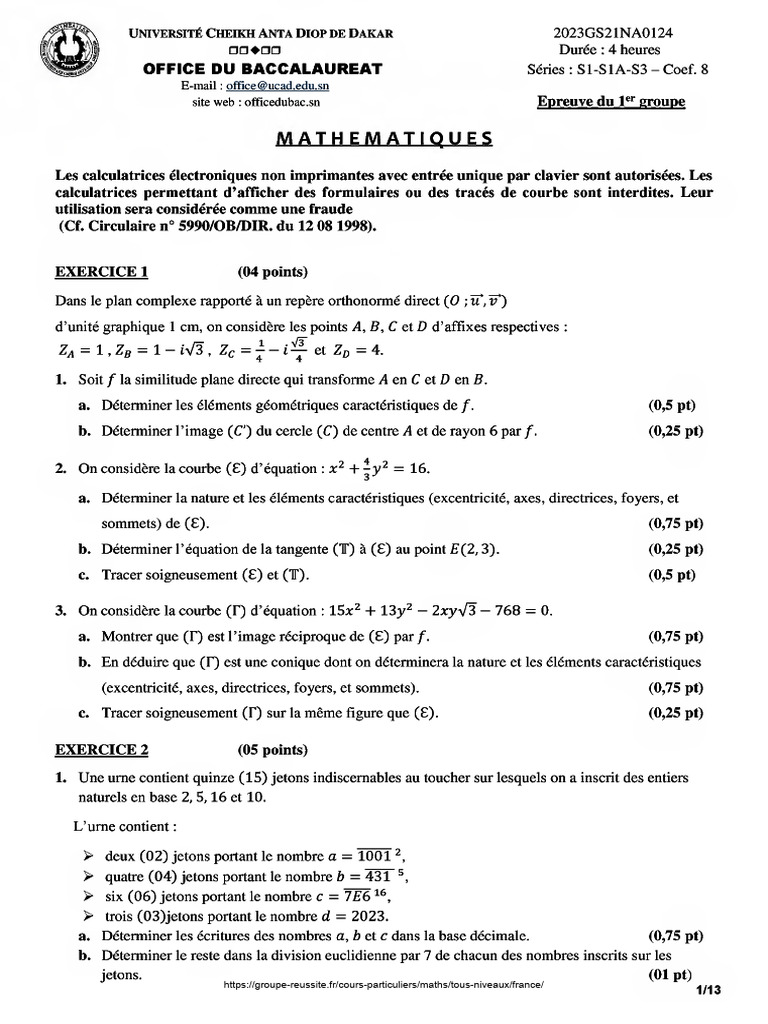 Sujet Bac s1 S1a s3 Maths 2023 Senegal | PDF