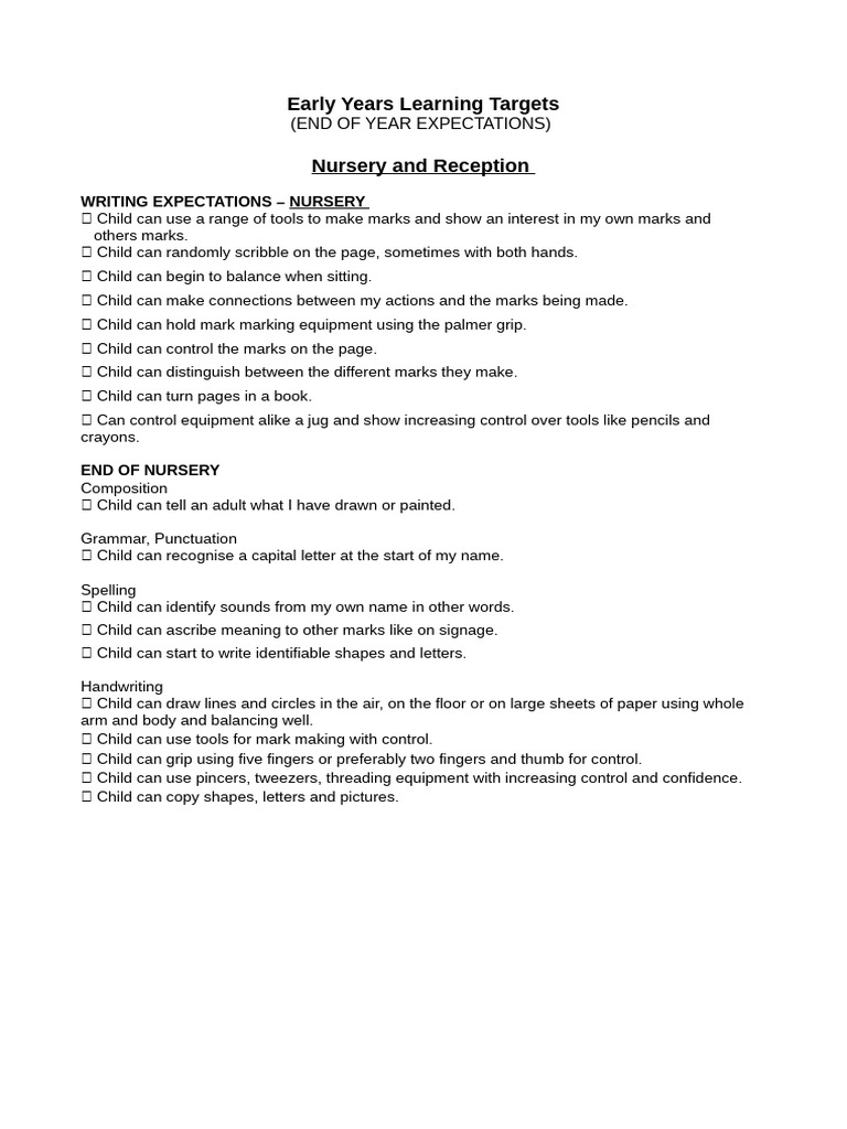 Nursery Reception Targets | PDF