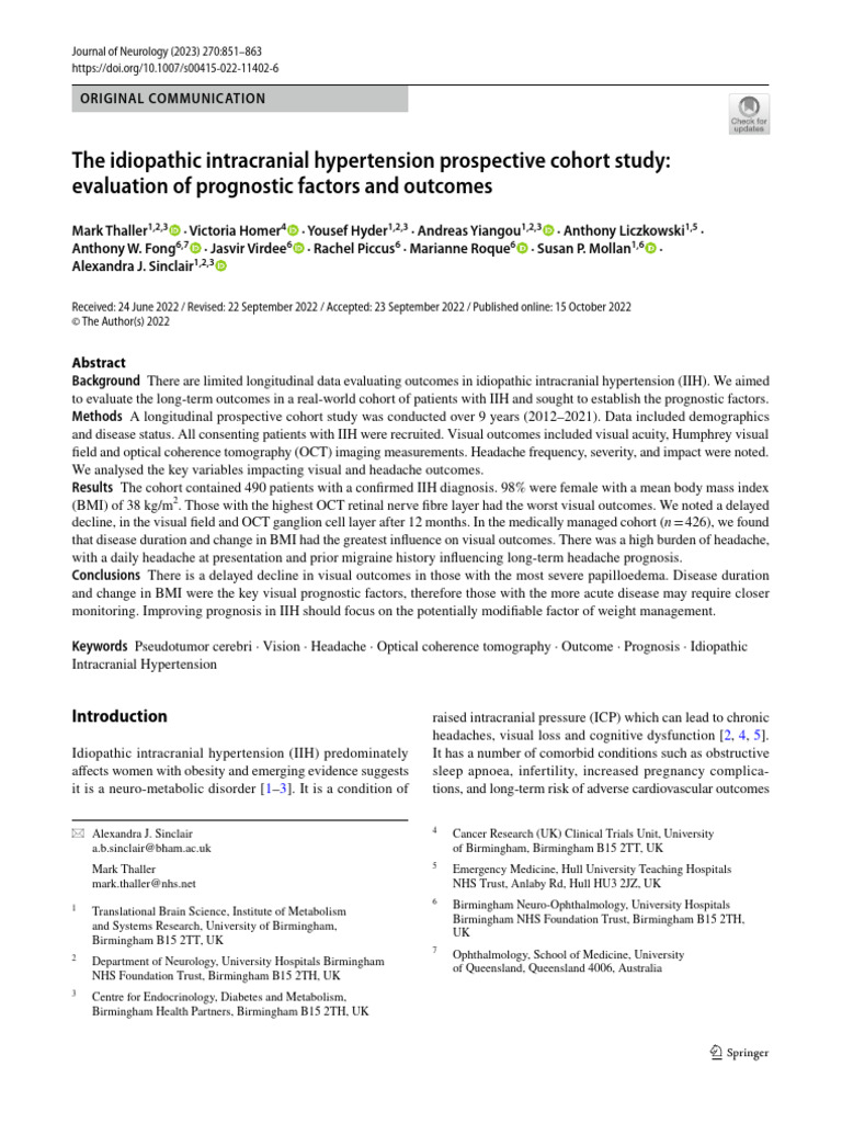 The Idiopathic Intracranial Hypertension Prospective Cohort 35p3oh9o | PDF