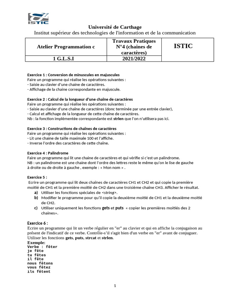 Tp 5 Chaines De Caracteres Pdf