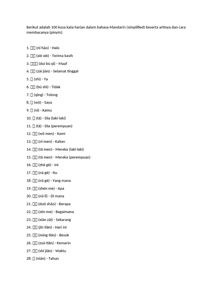 100 Kosa Kata Sehari-hari Mandarin | PDF | Seni & Disiplin Bahasa