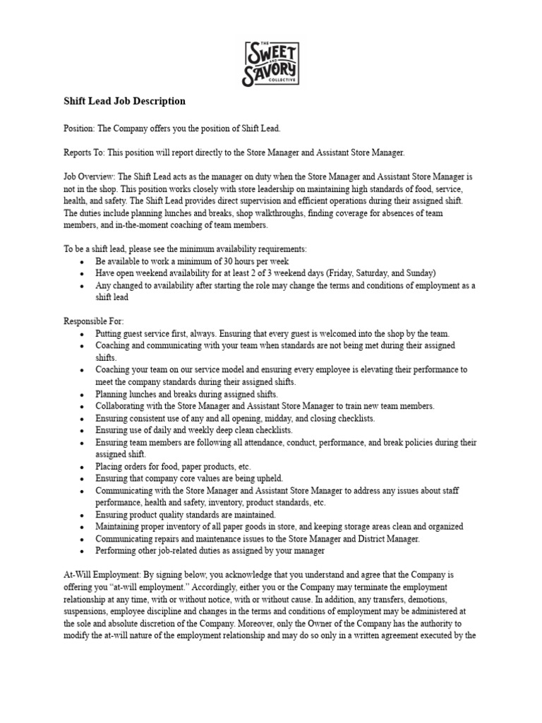 Shift Lead Job Description - The Sweet & Savory Collective | PDF