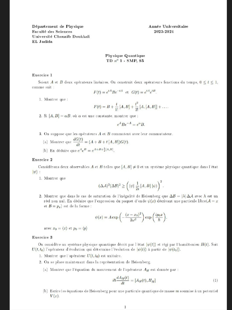Correction TD 1 M Quantique | PDF