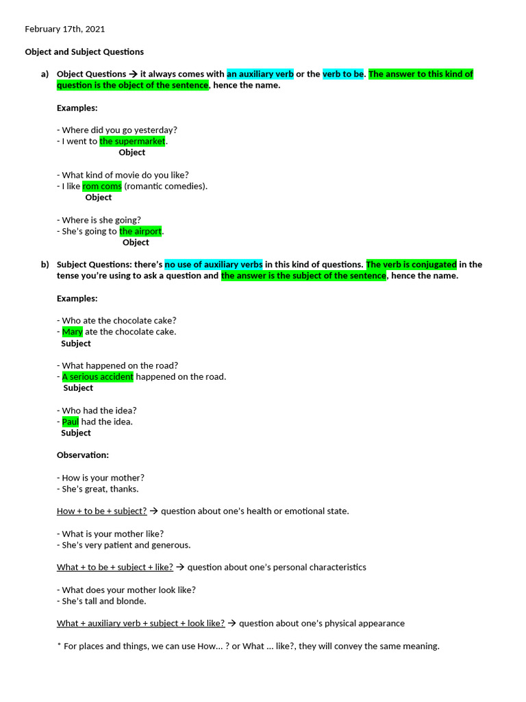 Subject And Object Questions Pdf