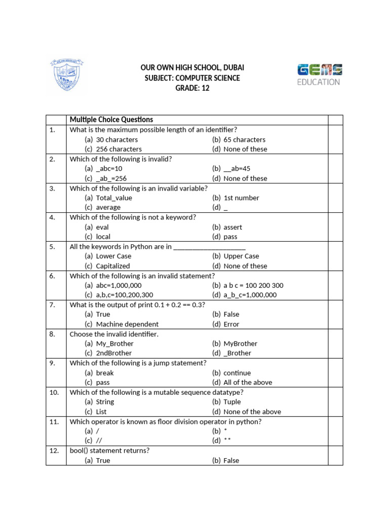 Gr12 Computer Science Question Bank | PDF
