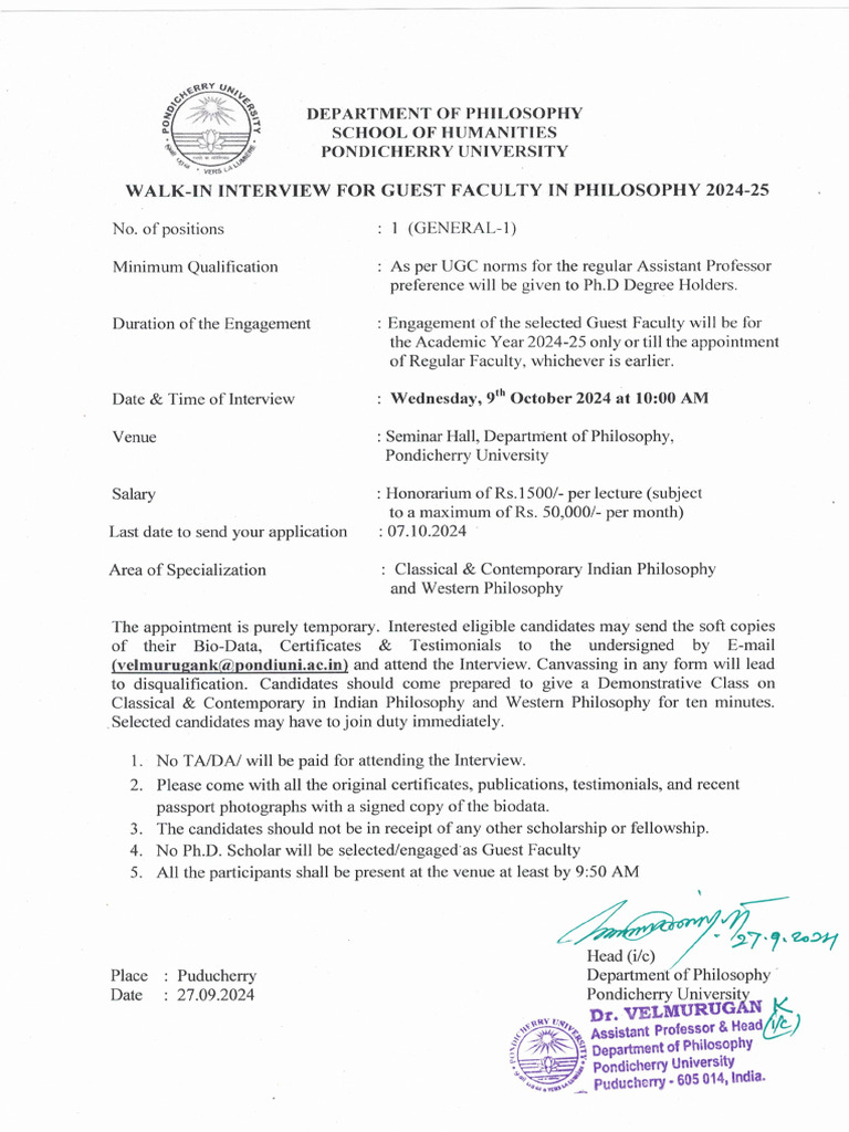Walk in Interview For Guest Faculty Dept of Philosophy 27092024 | PDF