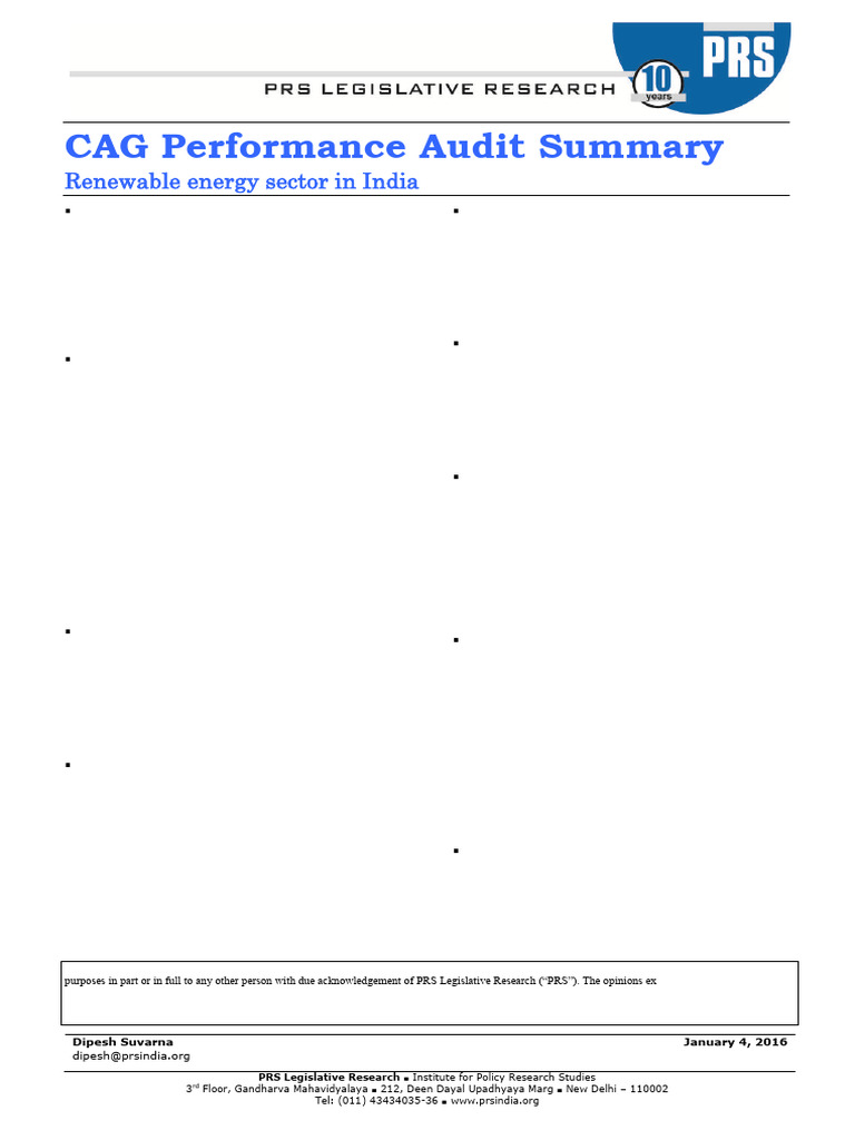 CAG Report On Renewable Energy Sector-1 | PDF