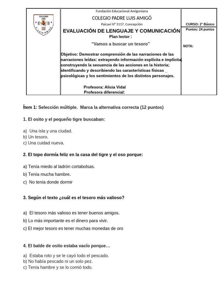 Evaluación Plan Lector Vamos A Buscra Un Tesoro | PDF