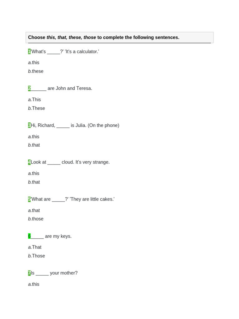 This, That, These, Those: Choose To Complete The Following Sentences | PDF