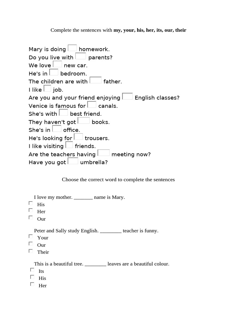 Complete The Sentences With: My, Your, His, Her, Its, Our, Their | PDF ...