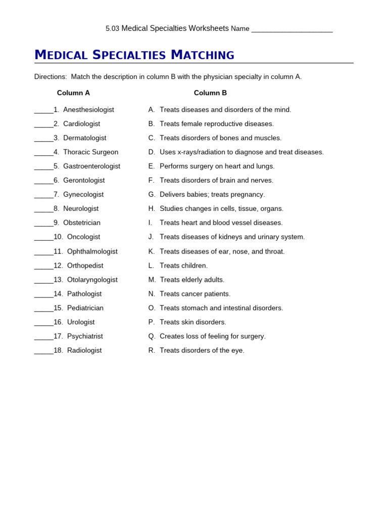 5.03 Medical Specialties Worksheets | PDF