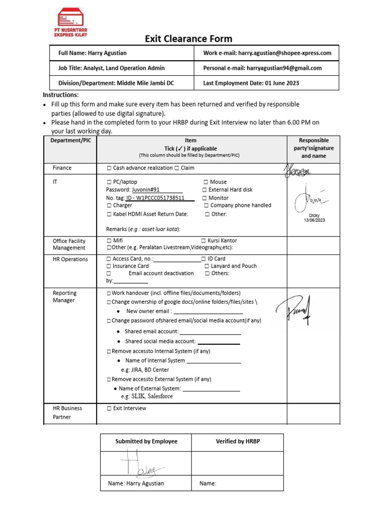 (NEK) Exit Clearance Form Harry Agustian | PDF