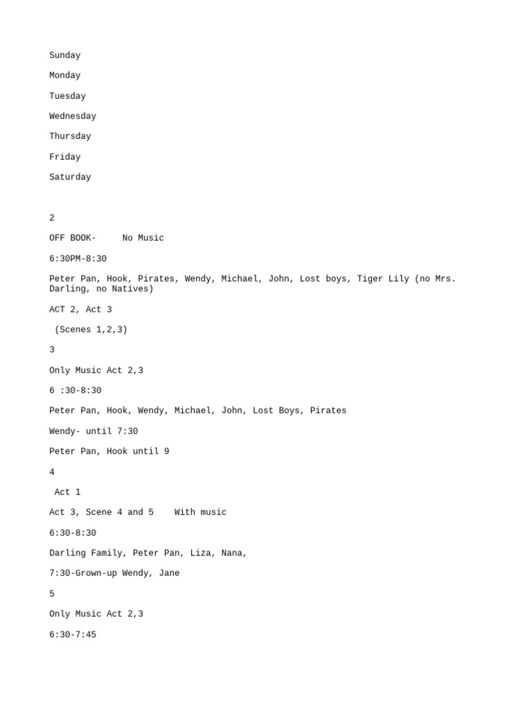 Schedule peter pan pdf
