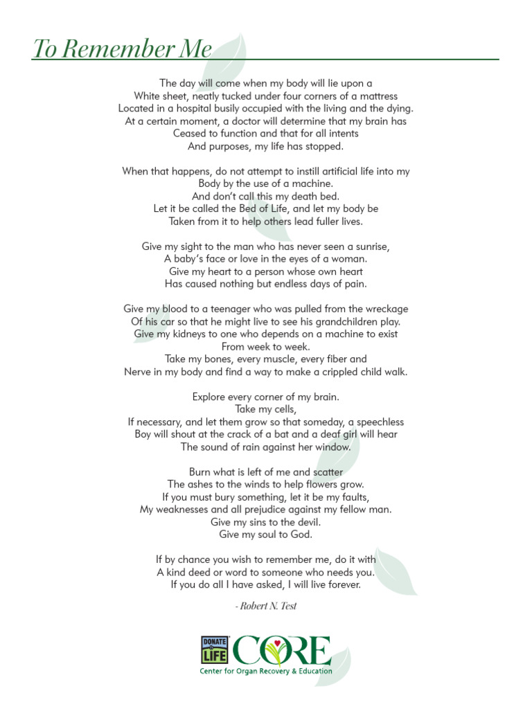 To Remember Me POEM | PDF | Self-Improvement | Poetry