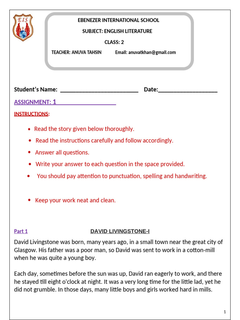 CLASS 2 ENG. LIT. Assignment 1 2023-24-ANUVA TAHSIN | PDF