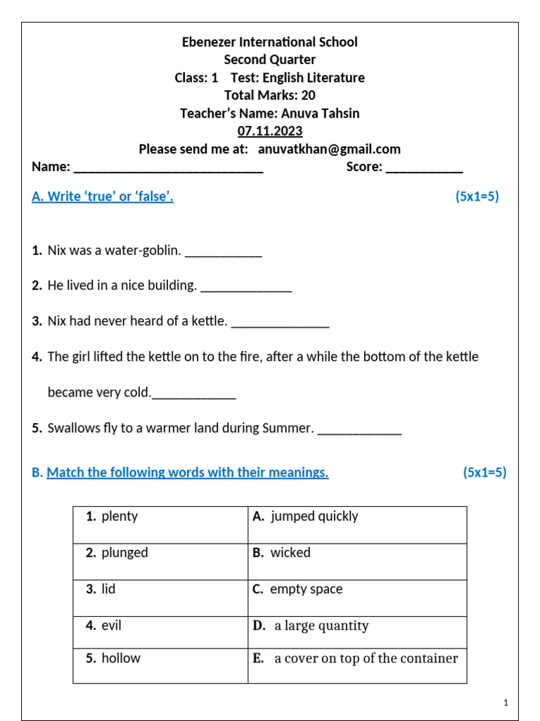 CLASS 1 Eng. Lit. Test 23-24 Radiant .Reading Pgs 15-25 | PDF