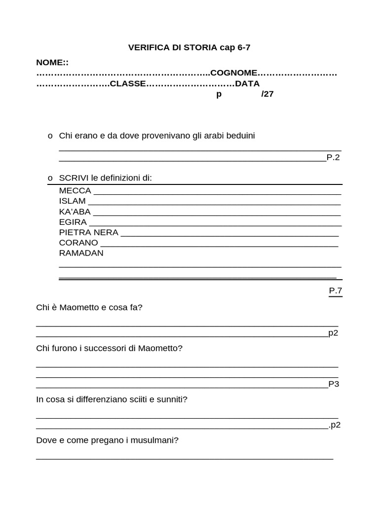 Verifica Storia Cap 6-7 | PDF