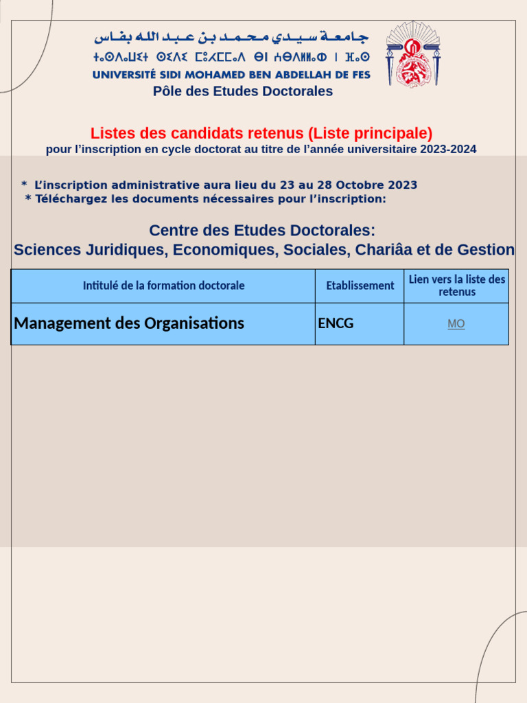 Listes Principales Inscription Doctorat 2023 - 2024 Encg | PDF