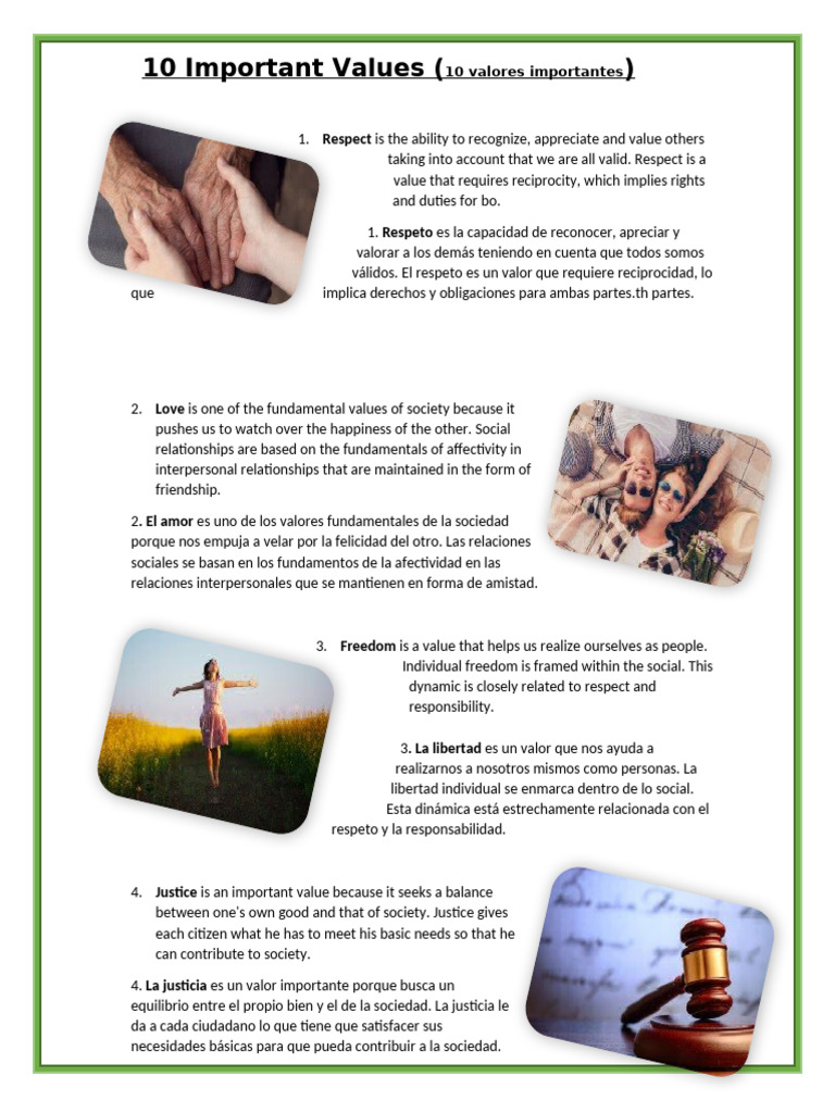 10 Important Values 10 VALORES IMPORTANTES DE INGLES ESCUELA | PDF