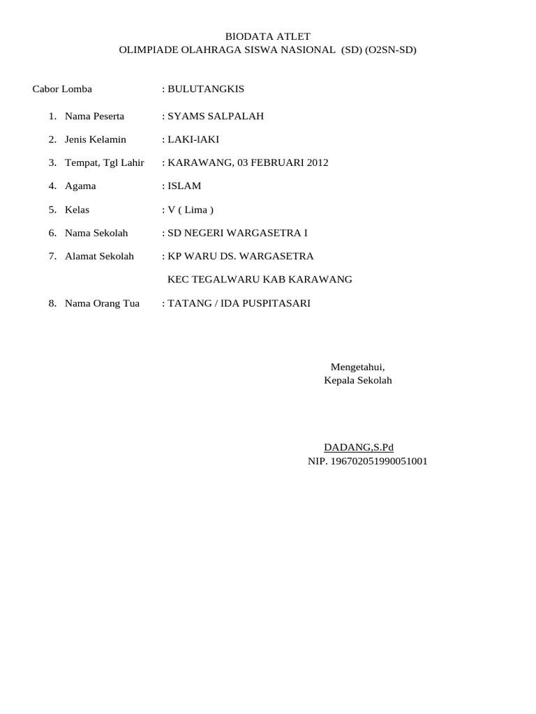 Biodata Atlet O2sn Tegalwaru | PDF