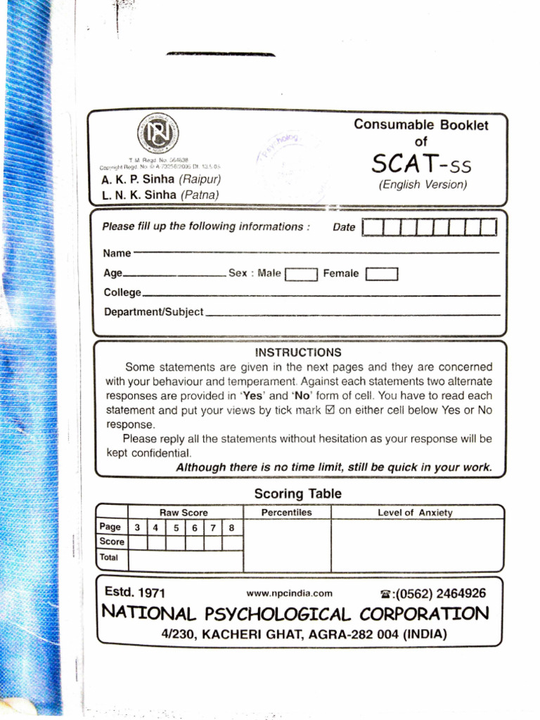 Questionnaire SCAT pour l'anxiété | PDF