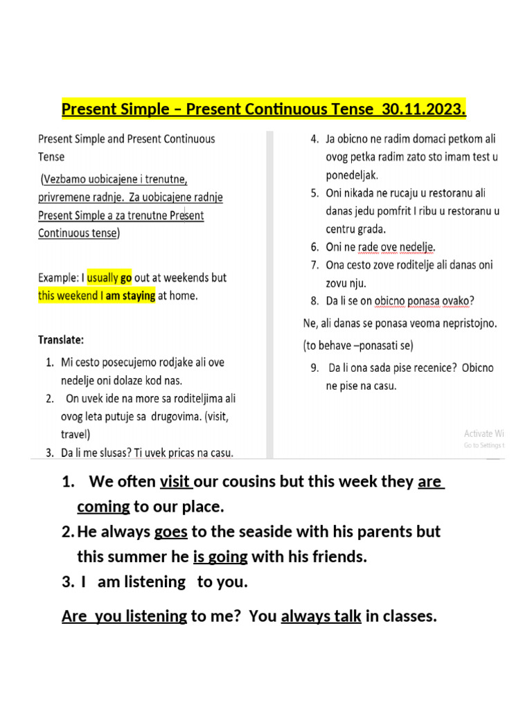 Present Simple vs. Continuous Tenses Guide | PDF | Language Mechanics ...
