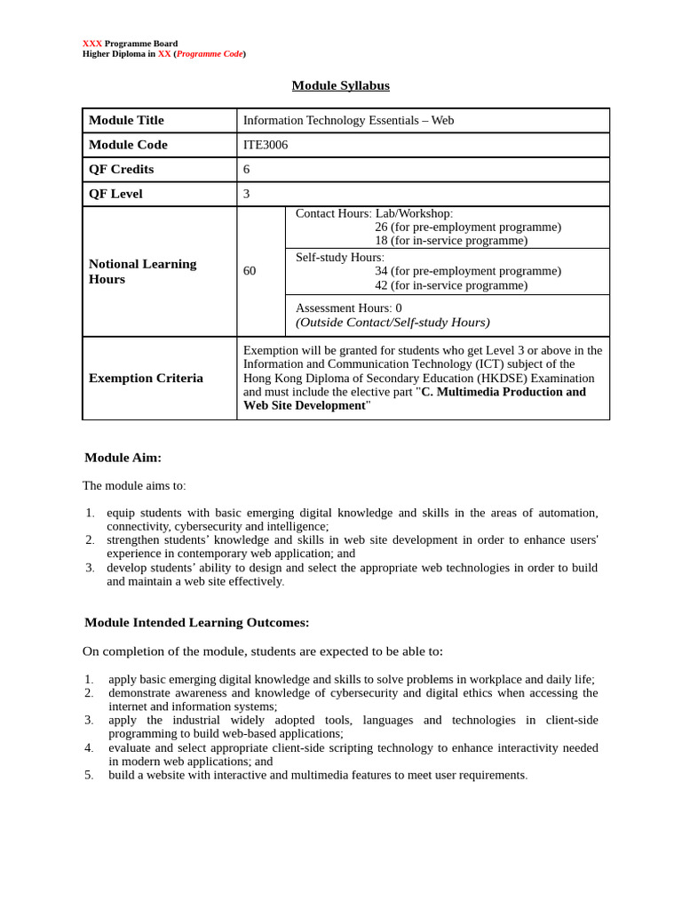 ITE3006 Information Technology Essentials - Web (20210603) Syllabus | PDF