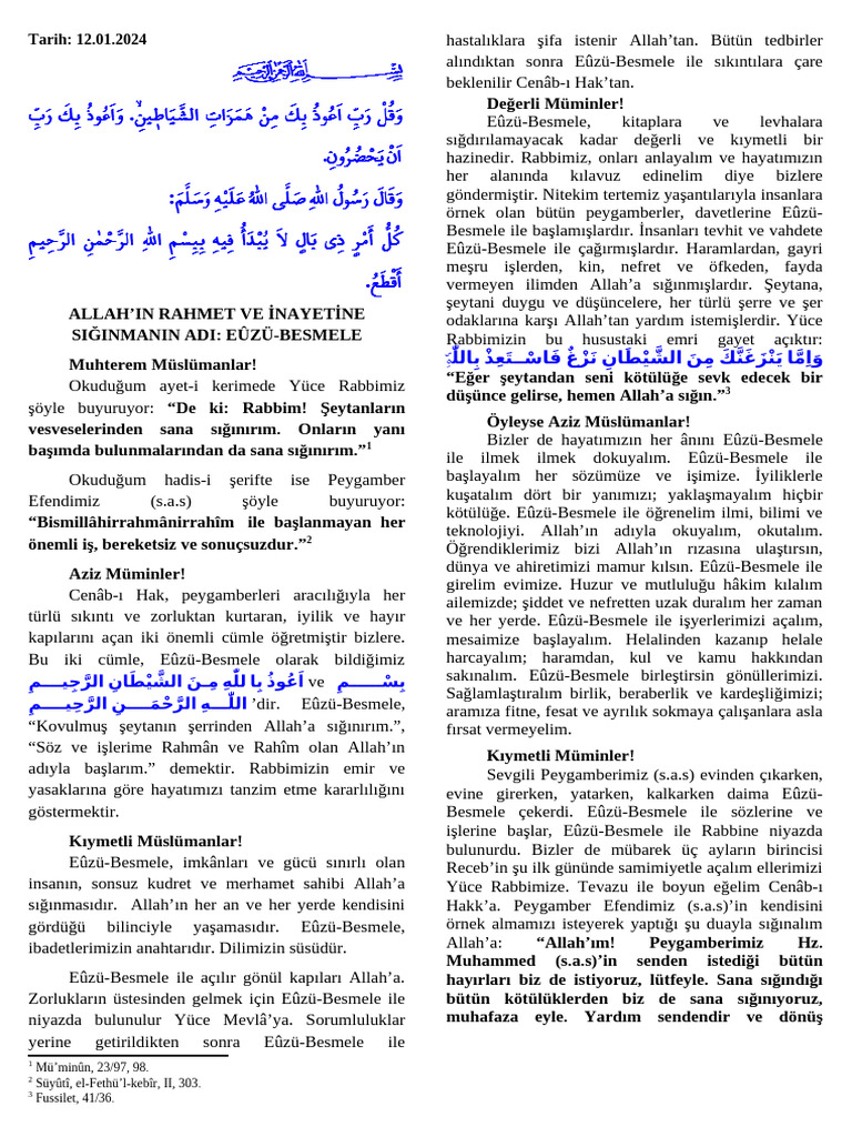 Allah'in Rahmet Ve İnayetine Sığınmanın Adı, Eûzü-Besmele | PDF